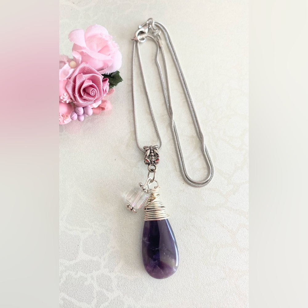 Sterling Silver Snake Chain Necklace with Amethyst Pendant and Crystal Accent